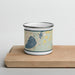 Front View Custom Silver Lake Michigan Map Enamel Mug in Woodblock on Cutting Board