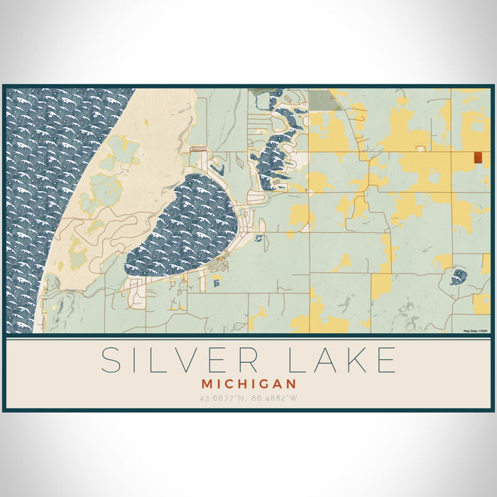 Silver Lake Michigan Map Print Landscape Orientation in Woodblock Style With Shaded Background