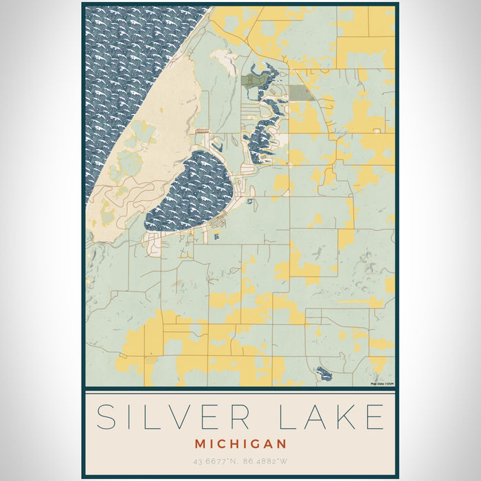 Silver Lake Michigan Map Print Portrait Orientation in Woodblock Style With Shaded Background