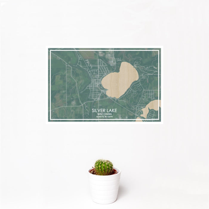 12x18 Silver Lake Wisconsin Map Print Landscape Orientation in Afternoon Style With Small Cactus Plant in White Planter