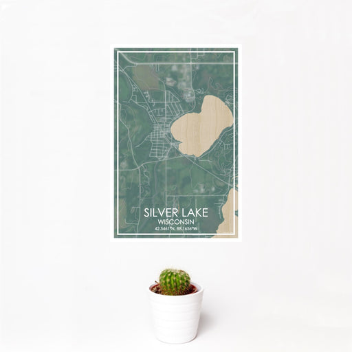 12x18 Silver Lake Wisconsin Map Print Portrait Orientation in Afternoon Style With Small Cactus Plant in White Planter