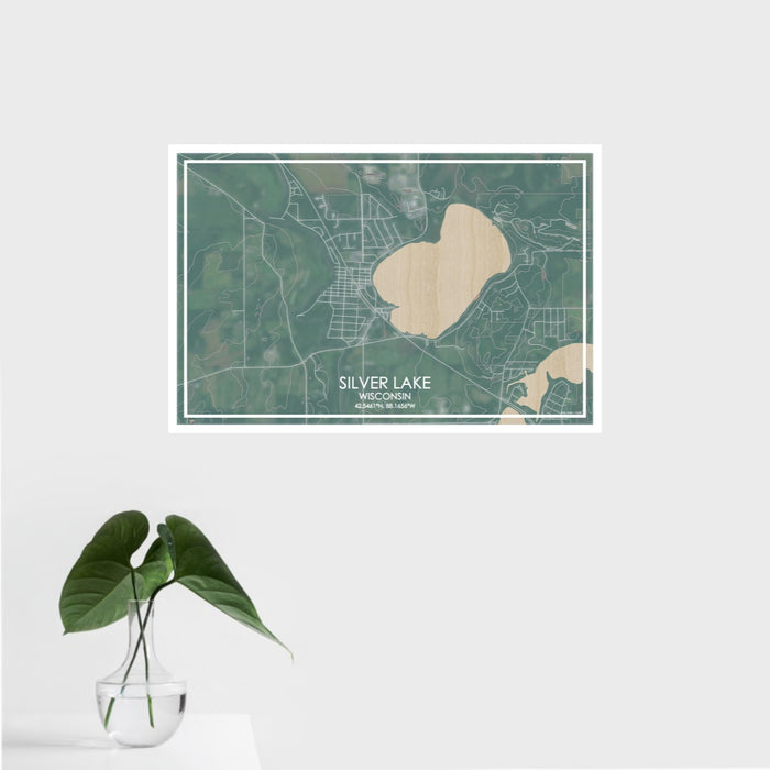 16x24 Silver Lake Wisconsin Map Print Landscape Orientation in Afternoon Style With Tropical Plant Leaves in Water
