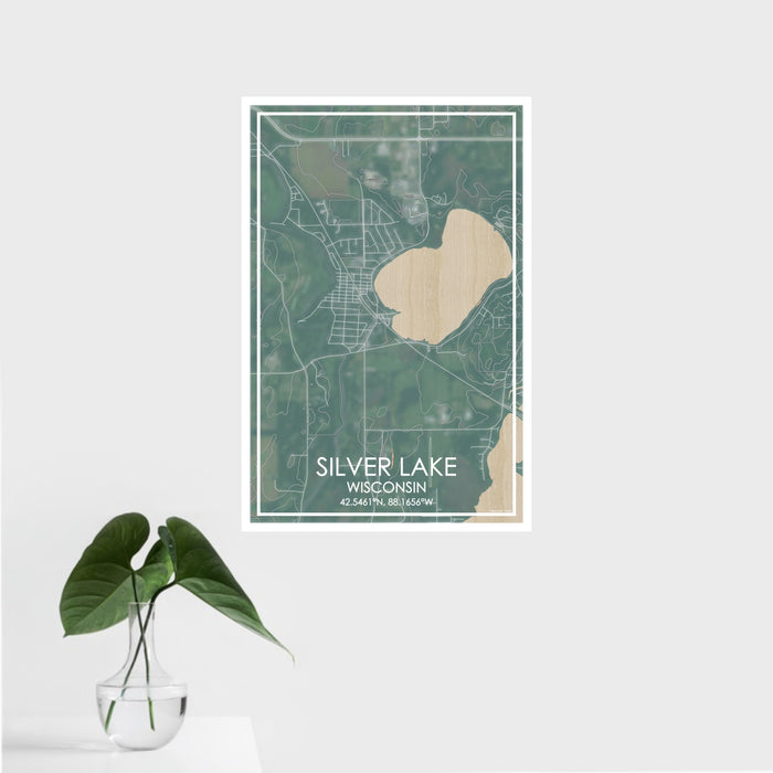 16x24 Silver Lake Wisconsin Map Print Portrait Orientation in Afternoon Style With Tropical Plant Leaves in Water