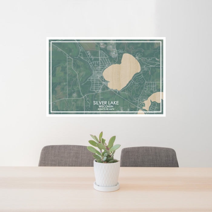 24x36 Silver Lake Wisconsin Map Print Lanscape Orientation in Afternoon Style Behind 2 Chairs Table and Potted Plant