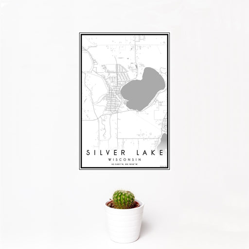 12x18 Silver Lake Wisconsin Map Print Portrait Orientation in Classic Style With Small Cactus Plant in White Planter