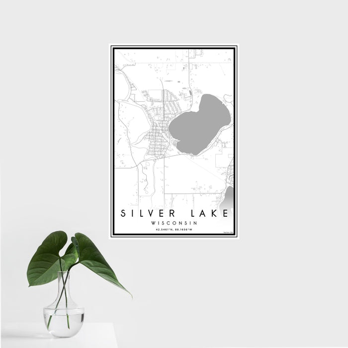 16x24 Silver Lake Wisconsin Map Print Portrait Orientation in Classic Style With Tropical Plant Leaves in Water