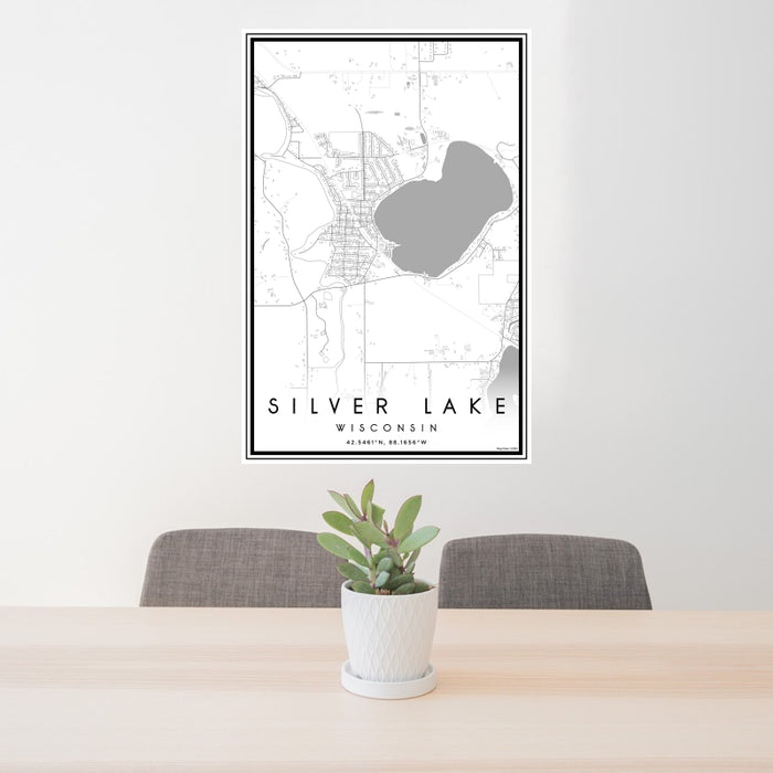 24x36 Silver Lake Wisconsin Map Print Portrait Orientation in Classic Style Behind 2 Chairs Table and Potted Plant
