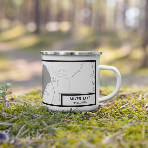 Right View Custom Silver Lake Wisconsin Map Enamel Mug in Classic on Grass With Trees in Background