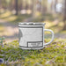 Right View Custom Silver Lake Wisconsin Map Enamel Mug in Classic on Grass With Trees in Background