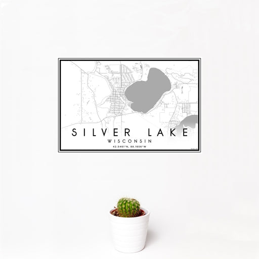 12x18 Silver Lake Wisconsin Map Print Landscape Orientation in Classic Style With Small Cactus Plant in White Planter