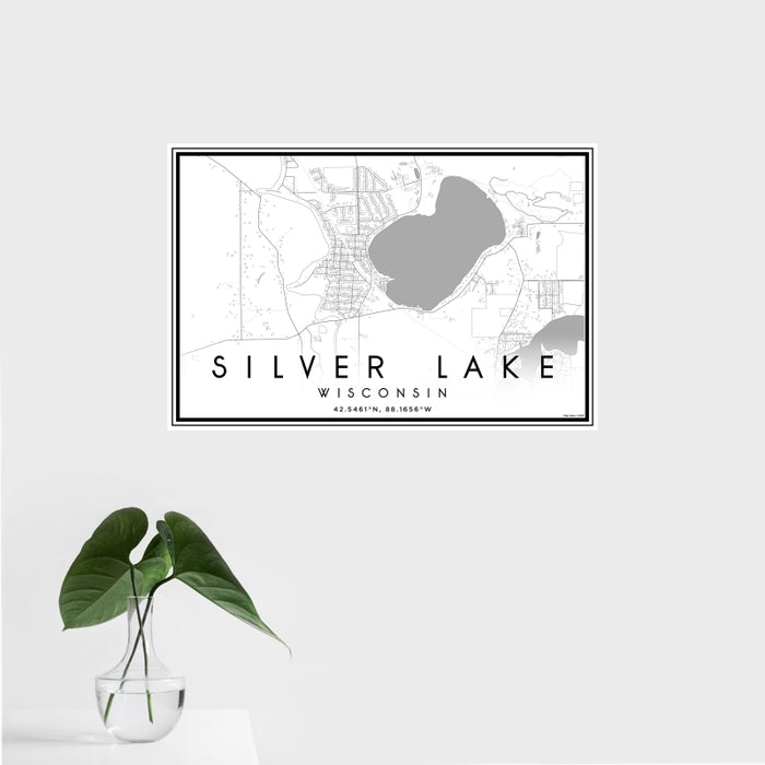 16x24 Silver Lake Wisconsin Map Print Landscape Orientation in Classic Style With Tropical Plant Leaves in Water