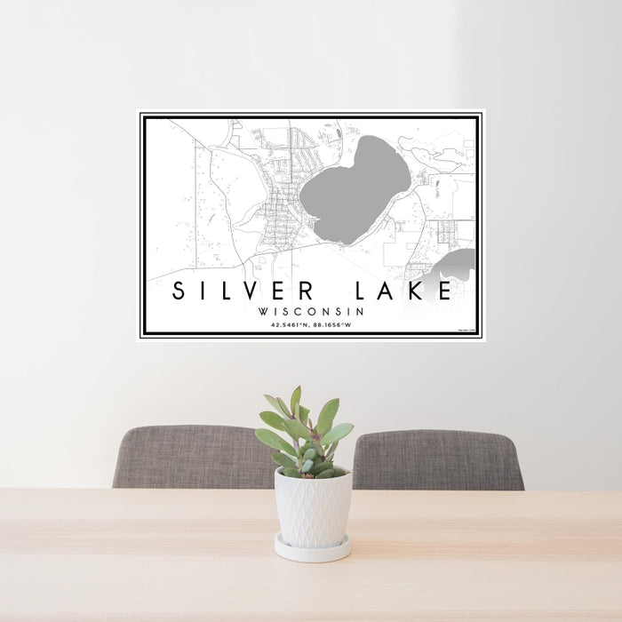 24x36 Silver Lake Wisconsin Map Print Landscape Orientation in Classic Style Behind 2 Chairs Table and Potted Plant