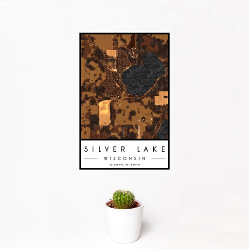 12x18 Silver Lake Wisconsin Map Print Portrait Orientation in Ember Style With Small Cactus Plant in White Planter