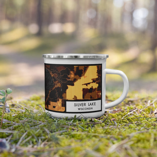 Right View Custom Silver Lake Wisconsin Map Enamel Mug in Ember on Grass With Trees in Background