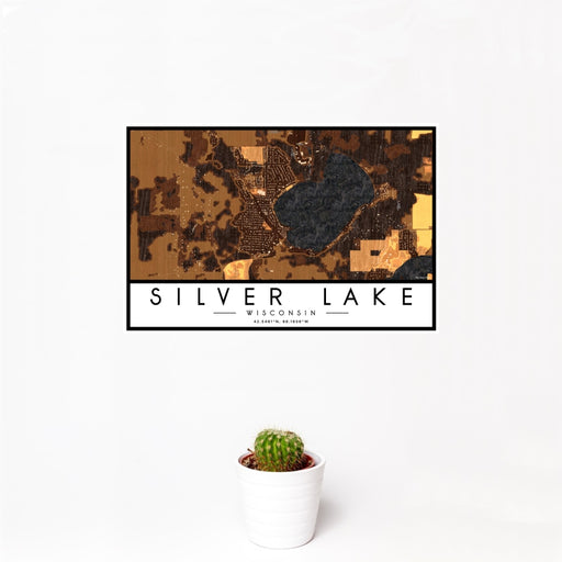 12x18 Silver Lake Wisconsin Map Print Landscape Orientation in Ember Style With Small Cactus Plant in White Planter