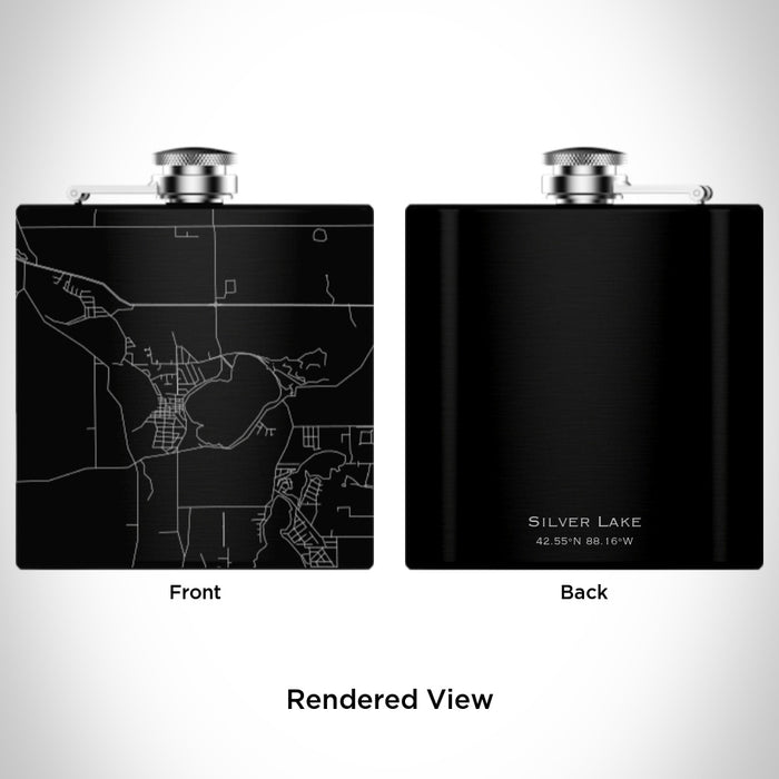 Rendered View of Silver Lake Wisconsin Map Engraving on 6oz Stainless Steel Flask in Black