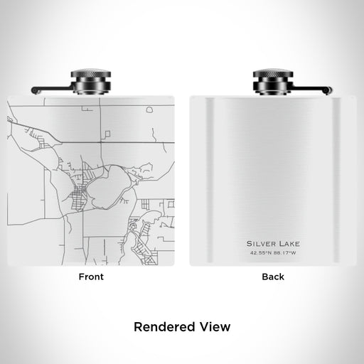 Rendered View of Silver Lake Wisconsin Map Engraving on 6oz Stainless Steel Flask in White