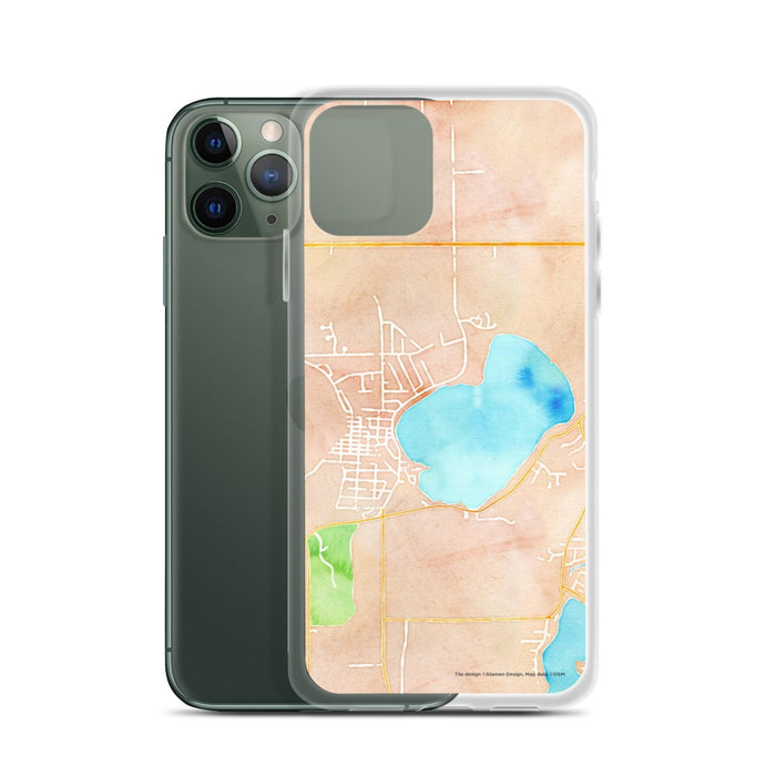 Custom Silver Lake Wisconsin Map Phone Case in Watercolor on Table with Laptop and Plant