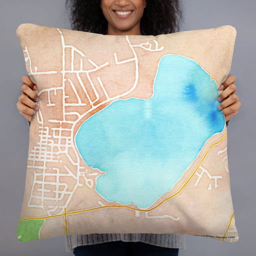 Person holding 22x22 Custom Silver Lake Wisconsin Map Throw Pillow in Watercolor