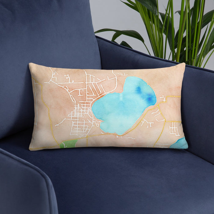 Custom Silver Lake Wisconsin Map Throw Pillow in Watercolor on Blue Colored Chair