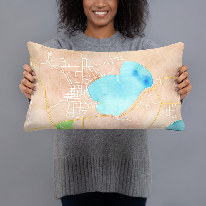Person holding 20x12 Custom Silver Lake Wisconsin Map Throw Pillow in Watercolor