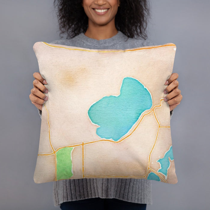 Person holding 18x18 Custom Silver Lake Wisconsin Map Throw Pillow in Watercolor