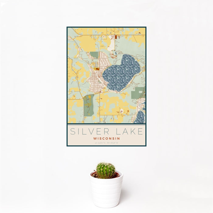 12x18 Silver Lake Wisconsin Map Print Portrait Orientation in Woodblock Style With Small Cactus Plant in White Planter