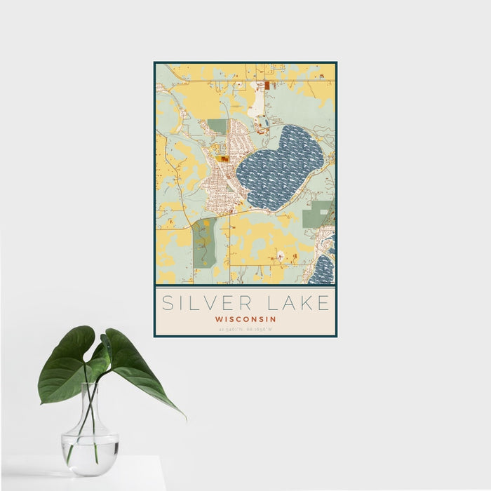 16x24 Silver Lake Wisconsin Map Print Portrait Orientation in Woodblock Style With Tropical Plant Leaves in Water