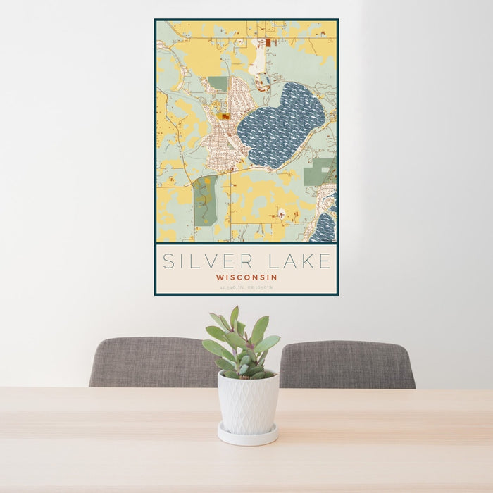 24x36 Silver Lake Wisconsin Map Print Portrait Orientation in Woodblock Style Behind 2 Chairs Table and Potted Plant