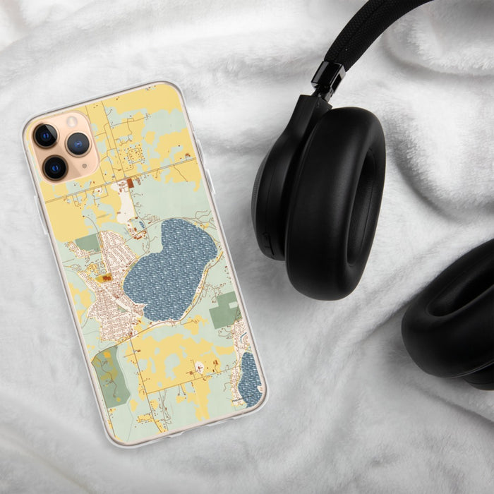 Custom Silver Lake Wisconsin Map Phone Case in Woodblock on Table with Black Headphones