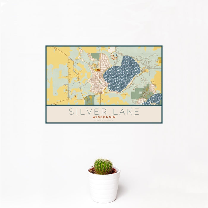 12x18 Silver Lake Wisconsin Map Print Landscape Orientation in Woodblock Style With Small Cactus Plant in White Planter