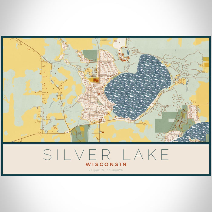 Silver Lake Wisconsin Map Print Landscape Orientation in Woodblock Style With Shaded Background