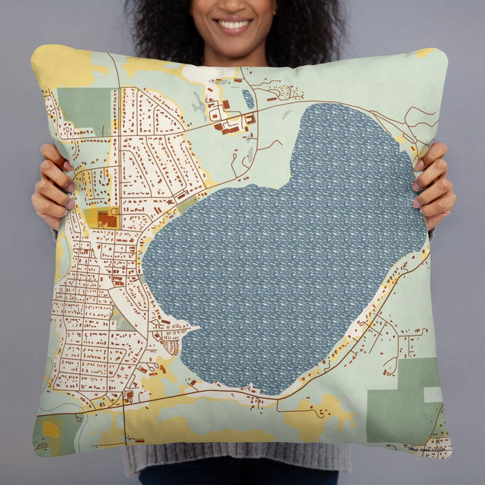 Person holding 22x22 Custom Silver Lake Wisconsin Map Throw Pillow in Woodblock
