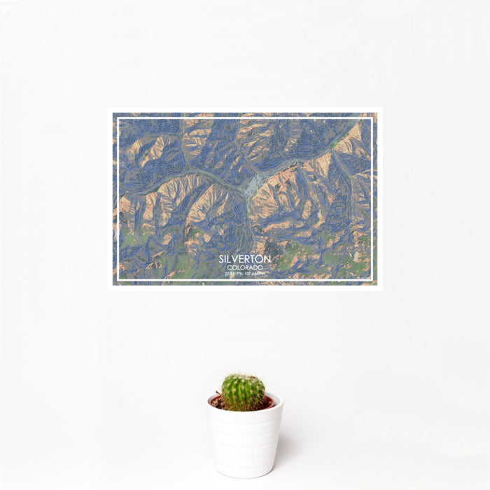 12x18 Silverton Colorado Map Print Landscape Orientation in Afternoon Style With Small Cactus Plant in White Planter