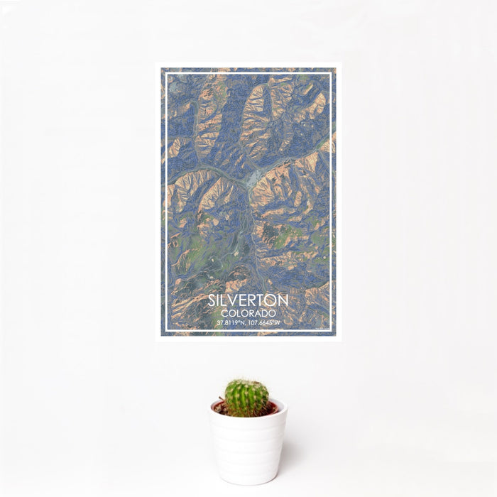 12x18 Silverton Colorado Map Print Portrait Orientation in Afternoon Style With Small Cactus Plant in White Planter