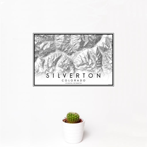 12x18 Silverton Colorado Map Print Landscape Orientation in Classic Style With Small Cactus Plant in White Planter