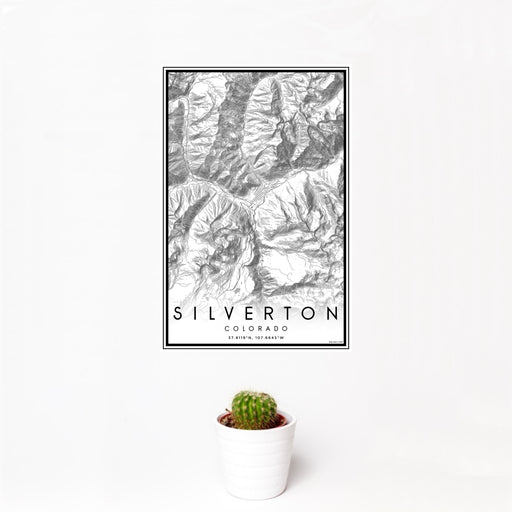 12x18 Silverton Colorado Map Print Portrait Orientation in Classic Style With Small Cactus Plant in White Planter