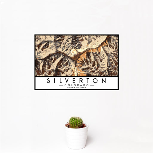 12x18 Silverton Colorado Map Print Landscape Orientation in Ember Style With Small Cactus Plant in White Planter