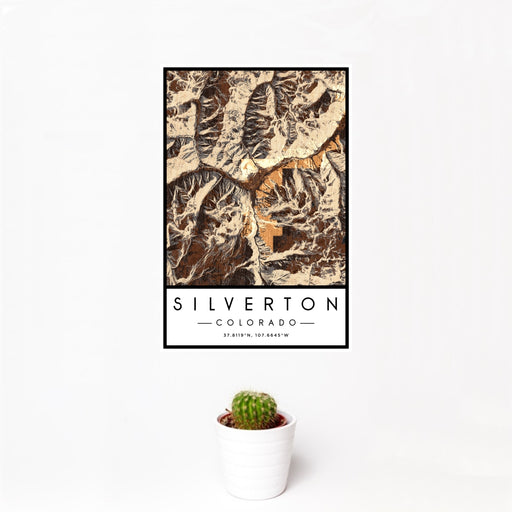 12x18 Silverton Colorado Map Print Portrait Orientation in Ember Style With Small Cactus Plant in White Planter