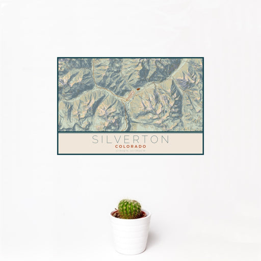 12x18 Silverton Colorado Map Print Landscape Orientation in Woodblock Style With Small Cactus Plant in White Planter
