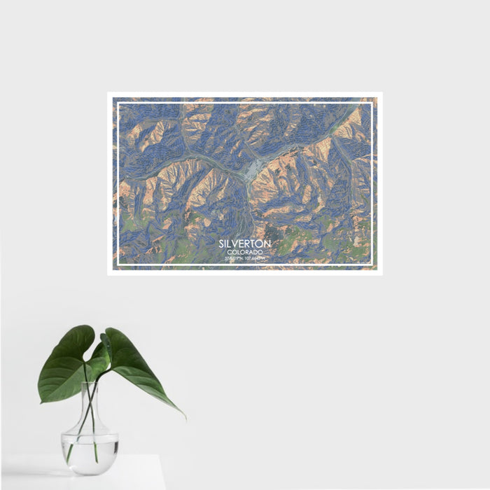 16x24 Silverton Colorado Map Print Landscape Orientation in Afternoon Style With Tropical Plant Leaves in Water
