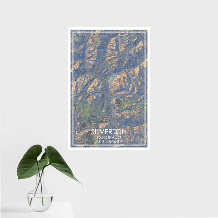 16x24 Silverton Colorado Map Print Portrait Orientation in Afternoon Style With Tropical Plant Leaves in Water