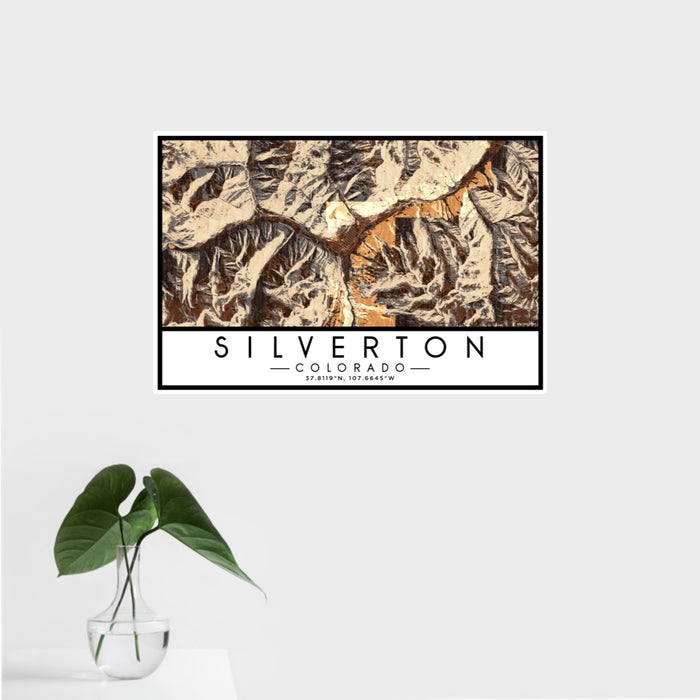16x24 Silverton Colorado Map Print Landscape Orientation in Ember Style With Tropical Plant Leaves in Water