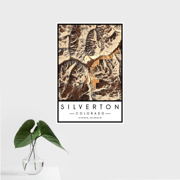 16x24 Silverton Colorado Map Print Portrait Orientation in Ember Style With Tropical Plant Leaves in Water