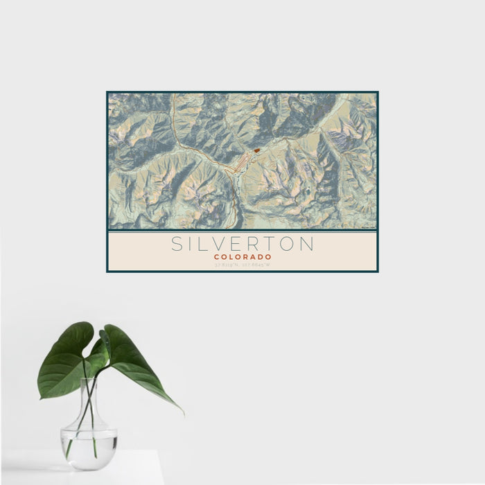 16x24 Silverton Colorado Map Print Landscape Orientation in Woodblock Style With Tropical Plant Leaves in Water