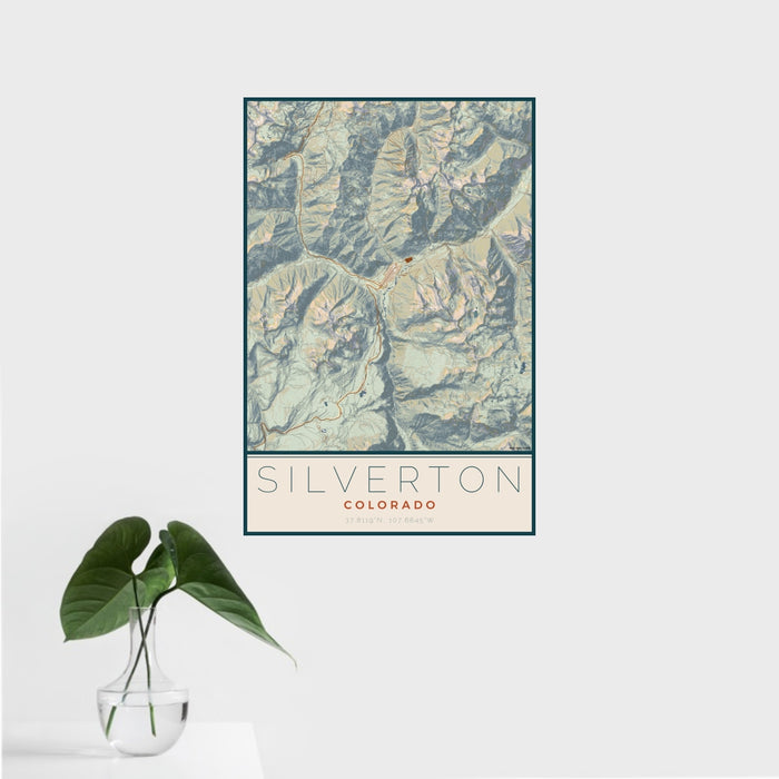 16x24 Silverton Colorado Map Print Portrait Orientation in Woodblock Style With Tropical Plant Leaves in Water