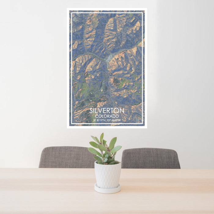 24x36 Silverton Colorado Map Print Portrait Orientation in Afternoon Style Behind 2 Chairs Table and Potted Plant