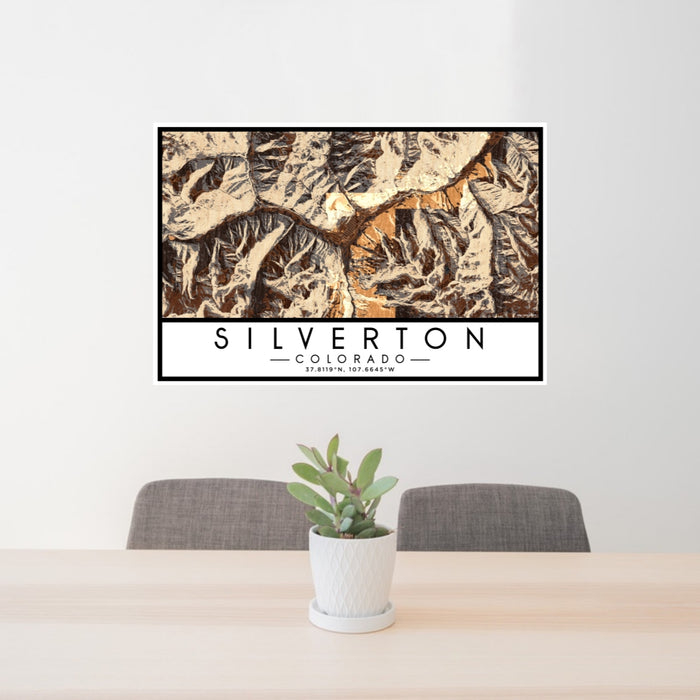 24x36 Silverton Colorado Map Print Lanscape Orientation in Ember Style Behind 2 Chairs Table and Potted Plant