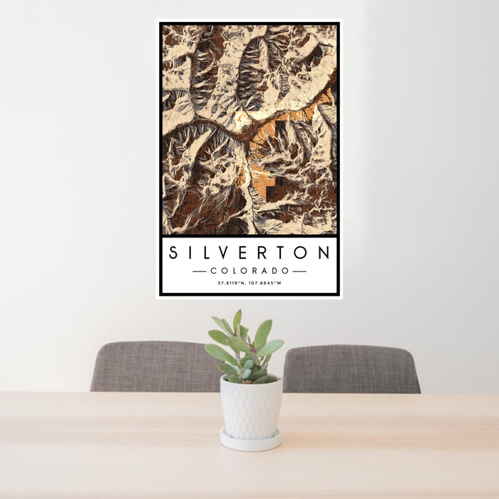 24x36 Silverton Colorado Map Print Portrait Orientation in Ember Style Behind 2 Chairs Table and Potted Plant