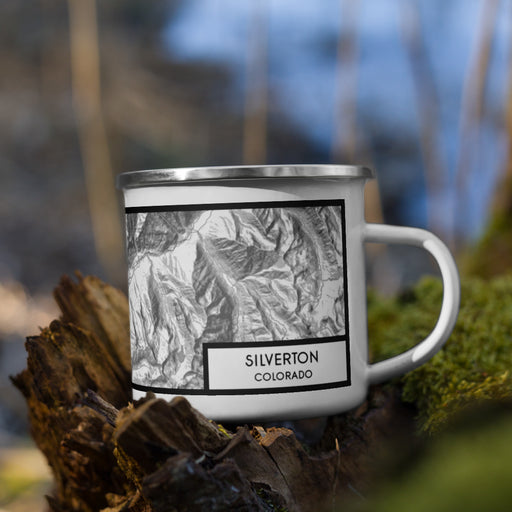 Right View Custom Silverton Colorado Map Enamel Mug in Classic on Grass With Trees in Background